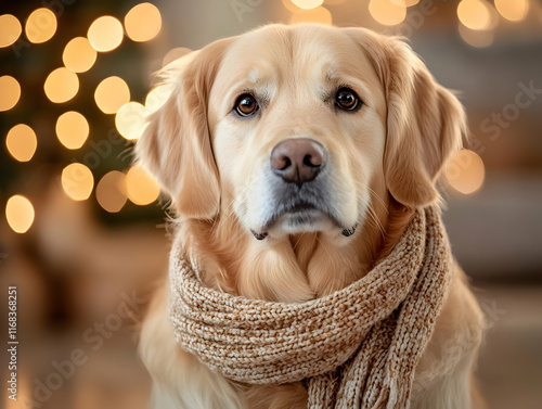 A charming golden retriever wearing a cozy scarf, surrounded by warm holiday lights, perfect for seasonal joy. photo