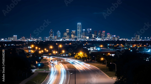 Dallas Skyline Night Lights Highway Traffic.