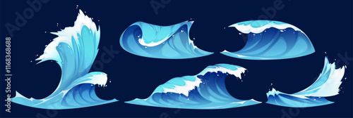 Sea waves set isolated on background. Vector cartoon illustration of blue water splashes with foam, surfing beach, tide, tsunami, stormy seascape, marine adventure game design elements, aqua vortex