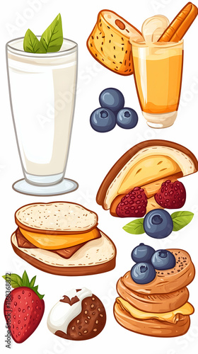 Delicious Breakfast Menu Illustration Smoothie, pastries, berries, & sandwiches. photo