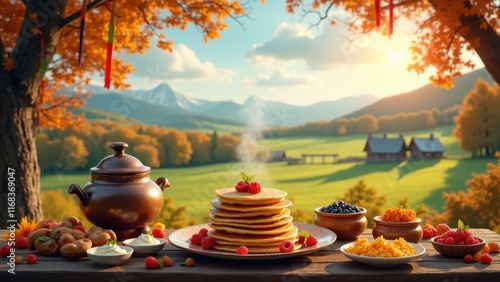 Spring arrival celebration , Russian countryside pancake feast vibrant decorations streaming samovar wholesome festival.