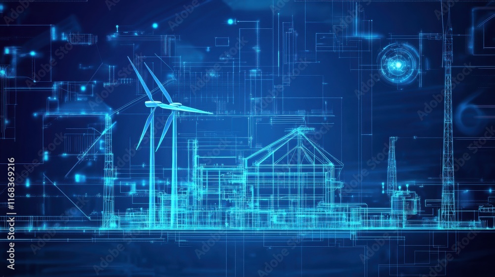 A blueprint of a wind-powered electricity plant, showing internal mechanisms and energy flow A blueprint of a wind-powered electricity plant, showing internal mechanisms and energy flow