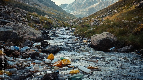 Serene Mountain Stream Polluted with Plastic Waste in Isolated Rocky Glen photo