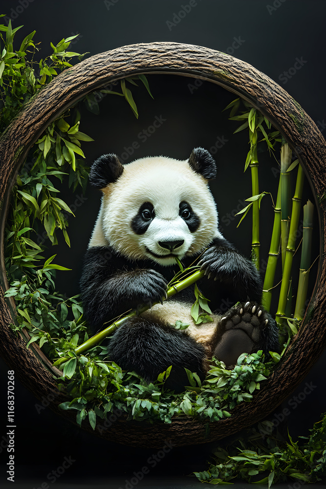 Obraz premium Tranquil Panda Dining: A Peaceful Scene of Harmony Within a Circular Frame