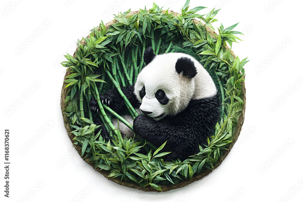 Naklejka premium Tranquil Panda Dining: A Peaceful Scene of Harmony Within a Circular Frame