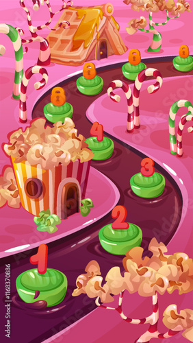 Sweet fantasy game level map with winding candy numbered markers on chocolate river path. Sugary landscape decorated with waffle house, popcorn building and caramel cane poles. Confectionery scene.