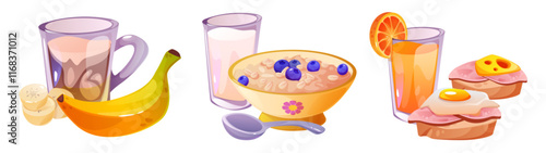 Breakfast meal set with morning combinations. Nutritious hot cocoa and banana fruit, blueberry granola in yellow bowl with milk glass, orange juice and sandwiches with fried eggs, ham and cheese.
