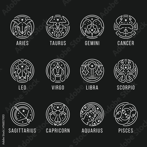 12 horoscope - White mono line border circle symbol with star around collection on black background vector design