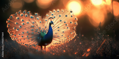 majestic peacock feathers fanned out in a semicircle, each feather shimmering with iridescent colors