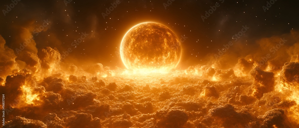 Obraz premium Fiery moon over burning cloudscape.