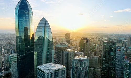 elegant skyscrapers rising against the morning sky in the city economy centre photo