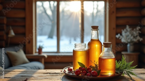 Traditional Russian drinks, Traditional izba log walls snow fields birch sap wild berries fern leaves.