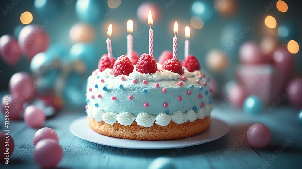 Delicious raspberry birthday cake with lit candles, pastel decorations. Delicious raspberry birthday cake with lit candles, pastel decorations.