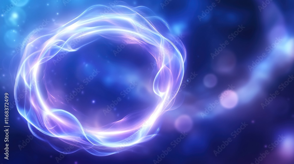 Obraz premium Abstract neon energy ring with vibrant glowing light swirls and cosmic bokeh background