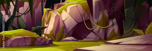 Dark cave entrance in tropical jungle - mysterious rocky grotto with mossy stones, hanging vines, dark cliffs and green vegetation around opening. Fantasy scenery for adventure game background.