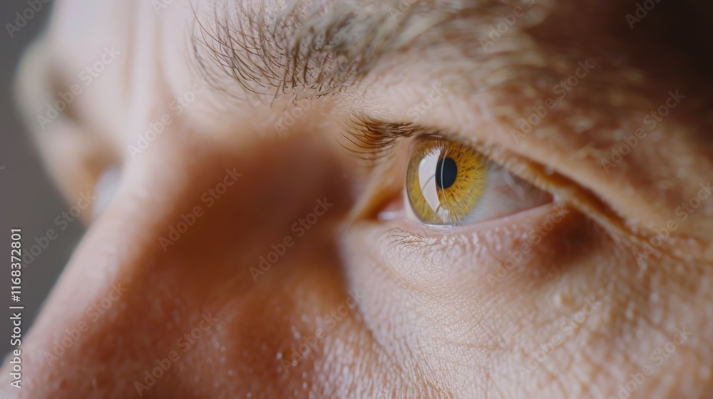 Naklejka premium Close-up of a Caucasian male's green eye with detailed eyelashes and brow