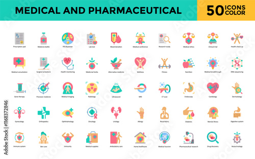 Medical and Pharmaceutical icon set with prescription pad, medicine bottle, pill dispenser, lab test, blood donation, medical conference, research study icon. Simple flat color vector 
