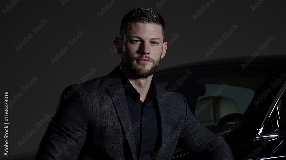 In an upscale setting, a stylish male model poses in a perfectly fitted blazer, leaning casually against a chic luxury car. His expression is confident, while the cars polished surface reflects In an upscale setting, a stylish male model poses in a perfectly fitted blazer, leaning casually against a chic luxury car. His expression is confident, while the cars polished surface reflects