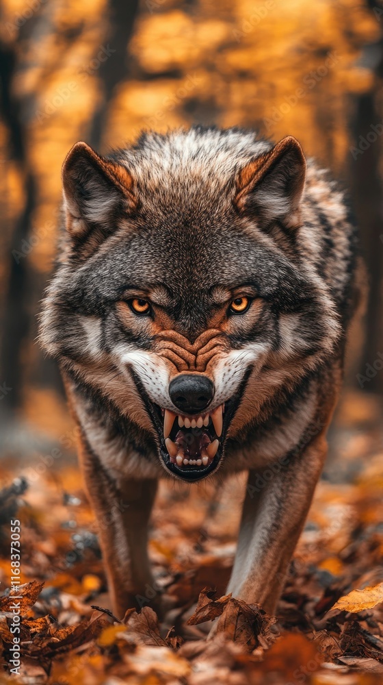 A fierce wolf snarling in a forest with autumn leaves. A fierce wolf snarling in a forest with autumn leaves.