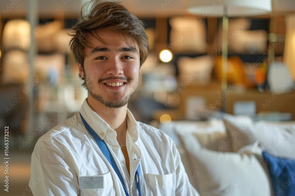 Obraz premium Smiling young male employee in modern retail furniture store environment