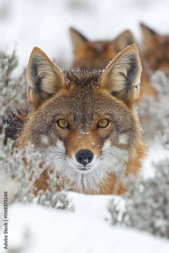 A close-up of a fox in a snowy landscape, showcasing its striking features and fur. A close-up of a fox in a snowy landscape, showcasing its striking features and fur.