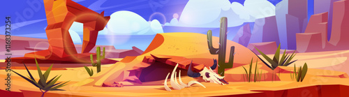 Desert cave entrance with animal skeleton - sandy cavern surrounded by red rock arch, tall cactuses, agave plants and bone remains under bright blue sky. Drought wilderness landscape environment.