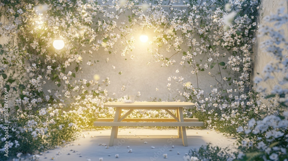 Obraz premium A serene outdoor space with a picnic table surrounded by blooming flowers and soft lighting.