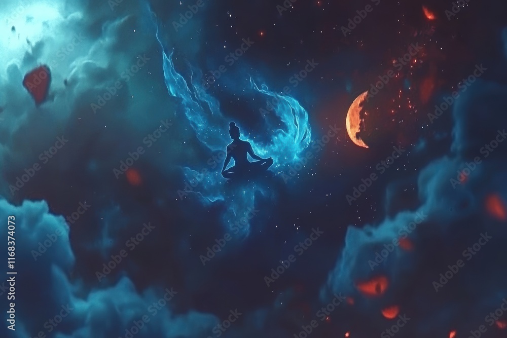 A mystical figure surrounded by vibrant clouds, glowing blue elements, and a crescent moon, creating a surreal cosmic atmosphere. A mystical figure surrounded by vibrant clouds, glowing blue elements, and a crescent moon, creating a surreal cosmic atmosphere.
