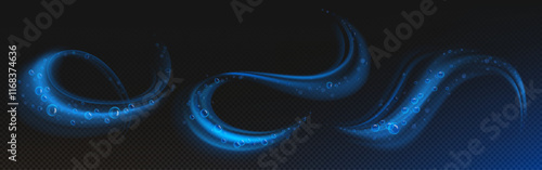 Magical bubble swirl effects - glowing neon blue streams with transparent spheres, flowing waves and curly trails on dark background. Abstract water with detergent foam vortex. Clean whirlwind.