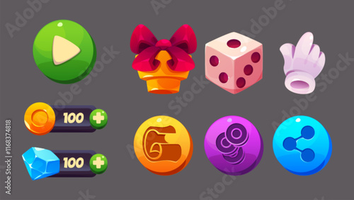 Game interface elements set - colorful ui buttons with play icon, crystal currency bar, gift box with red bow, dice, pointing hand in glove. Mobile gaming menu collection for RPG applications.