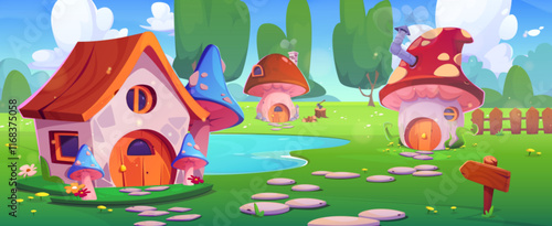 Fairy tale landscape with gnome or animal mushroom houses - elf cottage with roof, blue spotted toadstools, tiny brown dwelling near lake. Fantasy village scene with stones path, wooden fence, flowers