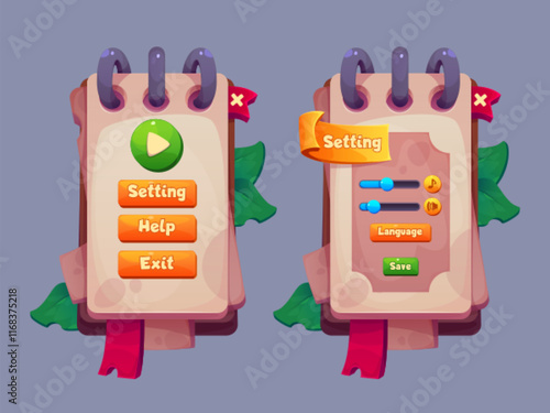 Game interface menu design with notepad style panels and leaves. Main screen displays play button, settings, help and exit options. Settings page with sound sliders, language selector and save button.
