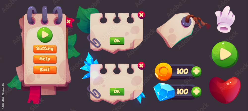Fototapeta premium Game interface elements pack with notepad menu design. Spiral bound panels with navigation buttons, crystal and coin counters. RPG assets of heart health icon, play control, blue gems and green leaves
