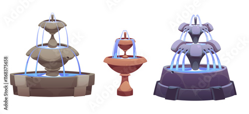 Cartoon water fountain collection - decorative stone structures with flowing streams, glowing blue arches, tiered basins and ornamental designs. Garden architecture elements for park landscape.