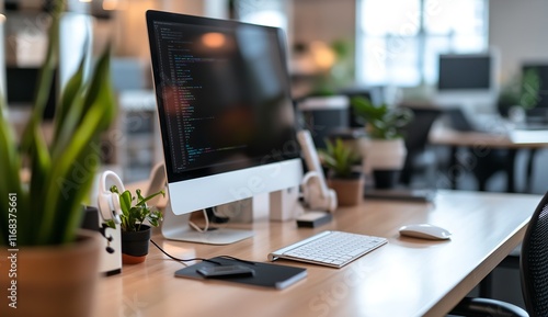 Photo of a Pair of White Headphones on an Office Desk with Accessories

 photo