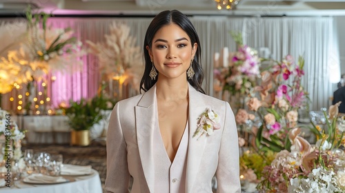 At an upscale gala, a model showcases a modern three-piece suit with a slim fit, complete with a stylish vest and tie. The backdrop features a tastefully decorated venue with elegant decor, setting photo