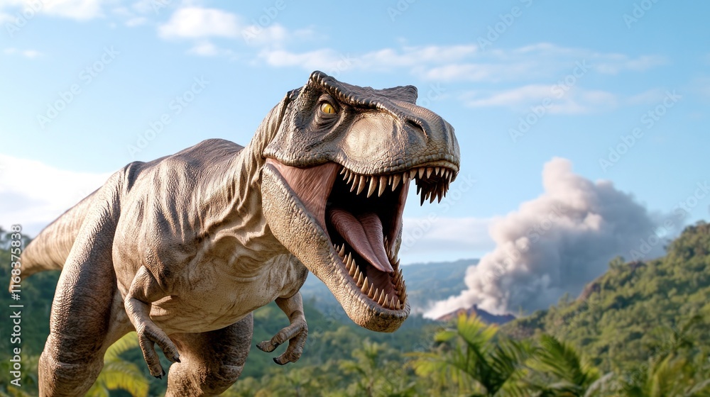 Fototapeta premium A roaring dinosaur in a lush, prehistoric landscape.