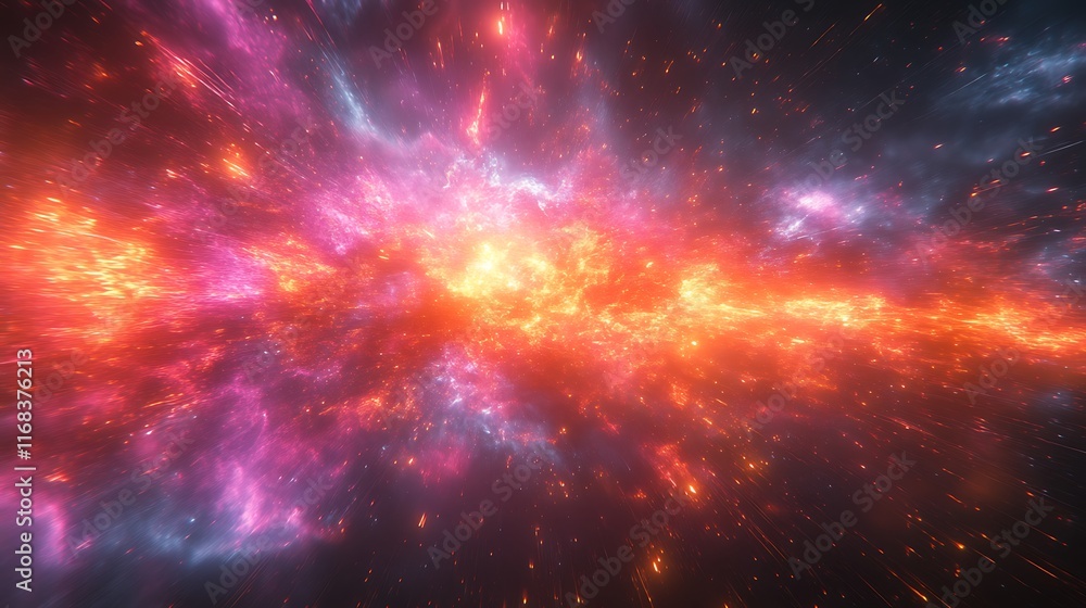 Fototapeta premium Abstract cosmic explosion with vibrant pink, orange, and blue nebulae.