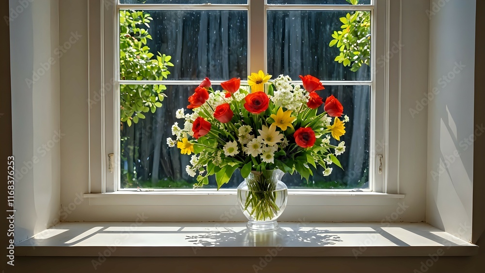 Vibrant bouquet of red and yellow flowers in a glass vase on a sunny windowsill. Beautiful floral arrangement. Vibrant bouquet of red and yellow flowers in a glass vase on a sunny windowsill. Beautiful floral arrangement.