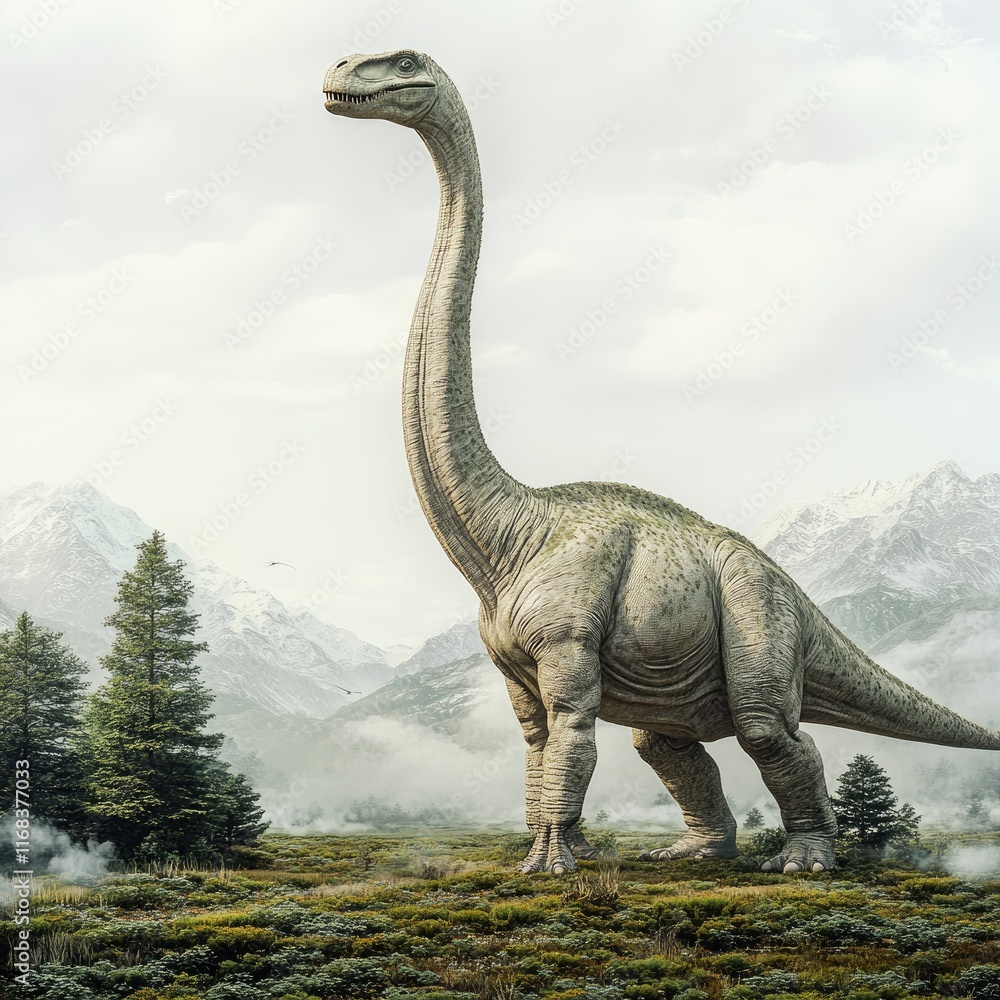 Fototapeta premium A large dinosaur stands majestically in a misty, mountainous landscape.