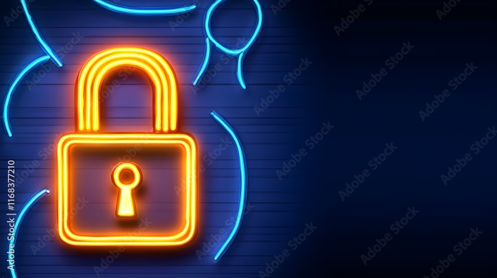 Bright Neon Lock Icon with Colorful Lines on Dark Background Bright Neon Lock Icon with Colorful Lines on Dark Background