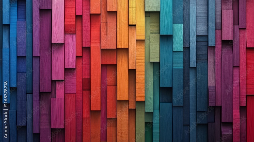 A textured wooden wall design showcasing planks in a spectrum of colors, arranged in a mosaic-style pattern for visual interest. A textured wooden wall design showcasing planks in a spectrum of colors, arranged in a mosaic-style pattern for visual interest.