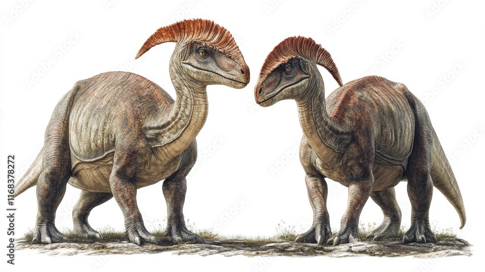 Fototapeta premium Two dinosaur-like creatures with distinctive crests standing side by side.