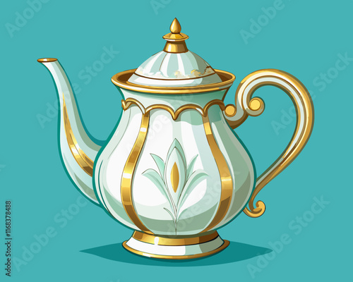 A classic teapot with a sleek white glaze and gold trim, displayed on a soft turquoise background.