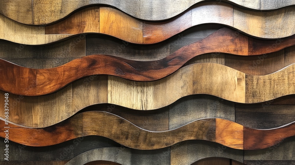 A unique wooden wall with overlapping planks in diverse shades, forming an artistic wave-like design that emphasizes texture and color A unique wooden wall with overlapping planks in diverse shades, forming an artistic wave-like design that emphasizes texture and color