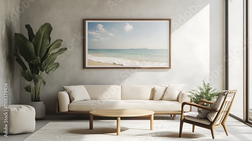 Minimalist living room with beige sofa, wooden coffee table, and beach scene artwork.