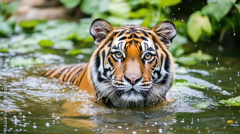 A tiger swimming in a lush, green environment with droplets of water around it. A tiger swimming in a lush, green environment with droplets of water around it.