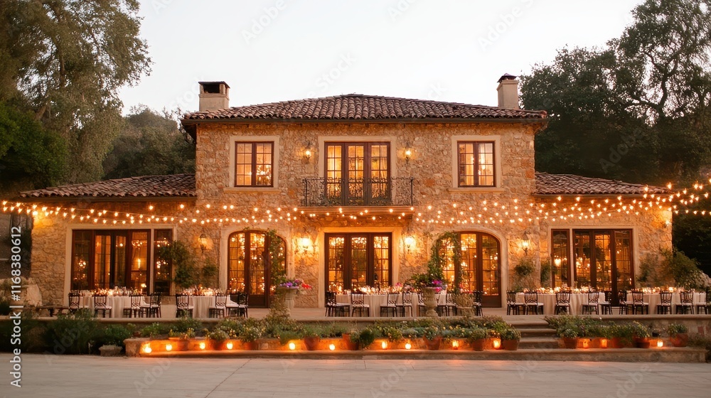 Naklejka premium Elegant Stone Villa with Warm Fairy Lights at Dusk