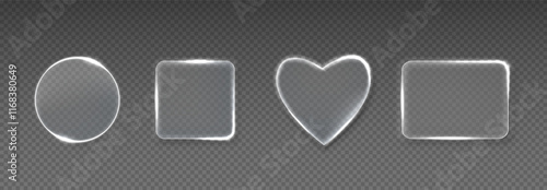 Neon glass frame set with luminous geometric shapes - transparent borders featuring glowing circle, squares and heart outline. Translucent text boxes or title banners light decorative effects.