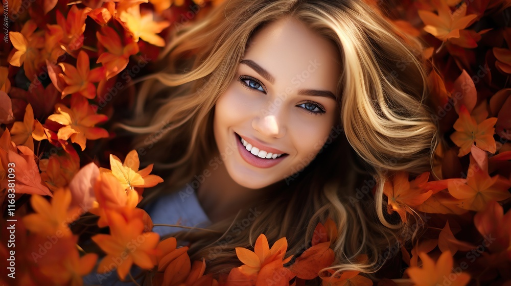 Smiling Woman Surrounded by Autumn Leaves Smiling Woman Surrounded by Autumn Leaves